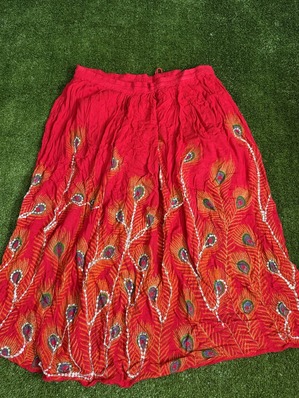 EARTHBOUND Red Circle Skirt with Peacock Feather Embroidery